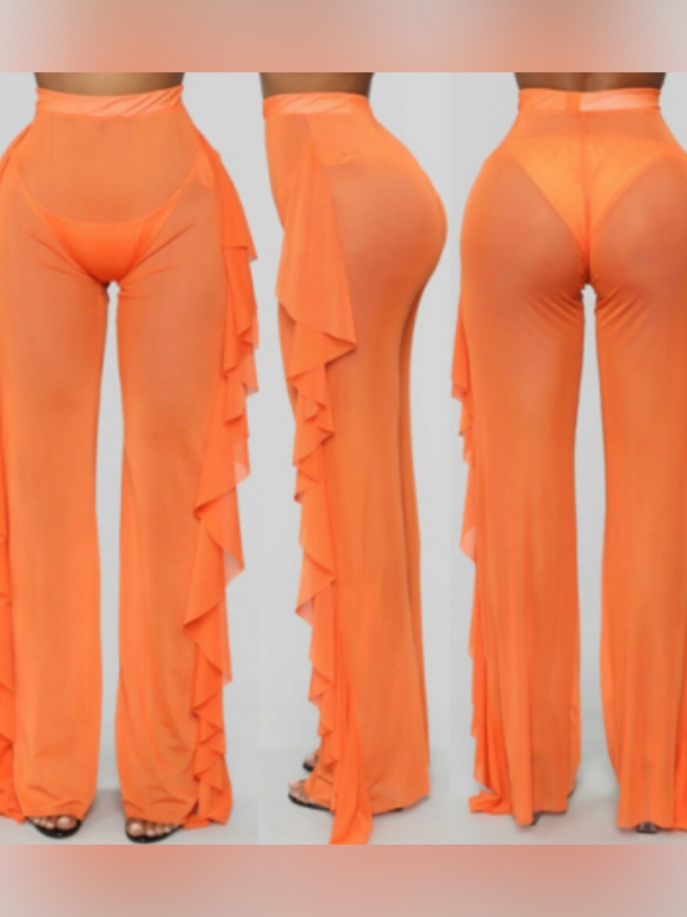 Women's Ruffle Sheer Mesh Swimwear Bikini Cover L, 1-orange